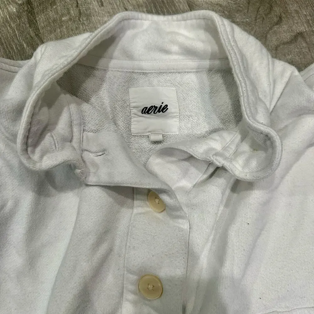 Aerie‎ White Cropped Fleece Pullover Henley Sweatshirt Small - Picture 2 of 7